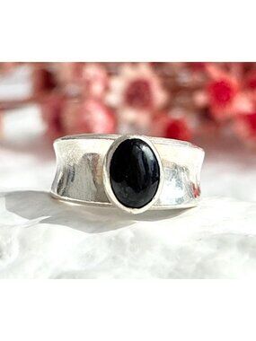 Oval Black Onyx Accented Modernist Sterling Silver 925 Vintage Ring - sz 4.25